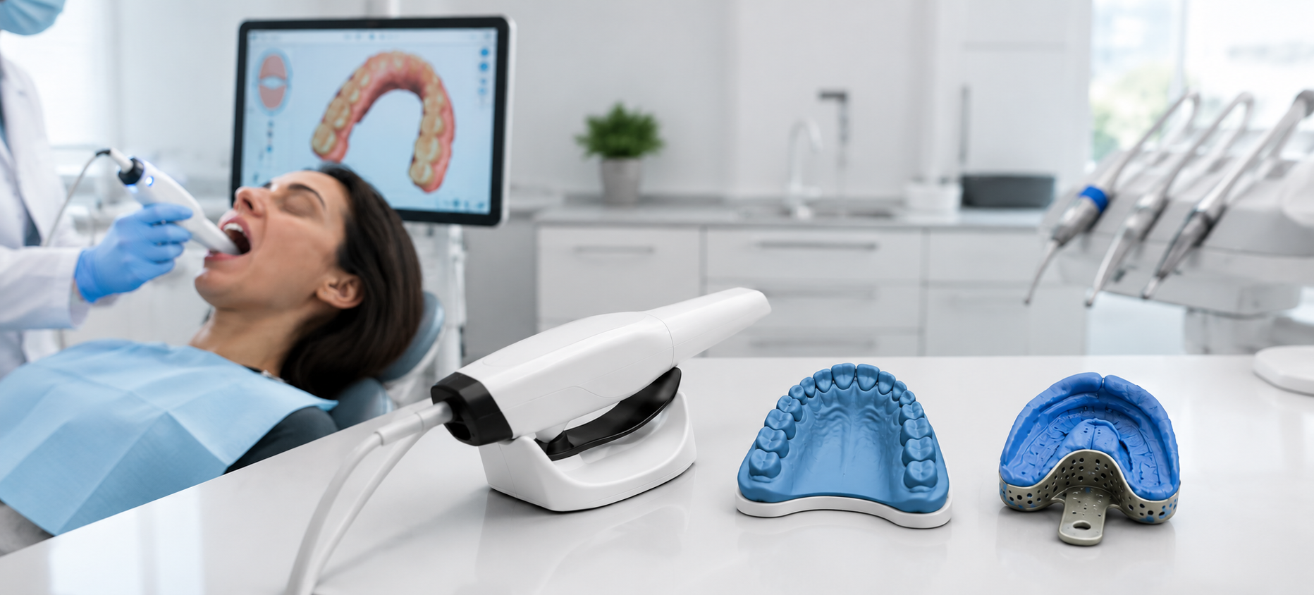 A dentist discussing dental treatment progress and oral care with a patient inside a clinic.